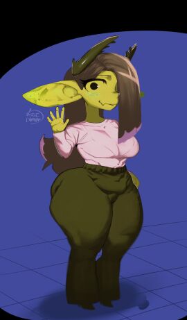 ass big_ass big_breasts big_butt big_thighs big_titties bralines breasts brown_hair clothing curvaceous curvaceous_female curvaceous_figure curvy curvy_figure curvy_hips elf_ears female female_focus female_only goblin goblin_female green_body green_skin long_hair orca_limon shortstack
