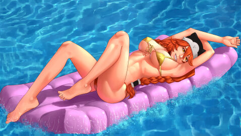 1girls arms_up ass athletic athletic_female bikini breasts cameltoe feet female female_only grin hat inflatable_raft large_breasts leg_up long_hair lupusregina_beta micro_bikini midriff onlyours overlord_(maruyama) pussy red_hair seductive sunbathing swimsuit teasing thighs toned underboob water yellow_eyes