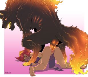 1boy animal_penis artist_name ass balls barefoot body_fur brown_fur colored_sclera colored_tongue d-rex dark-skinned_female dark_skin dog_penis female gradient_background highres male monster mouth_veil one_eye_closed open_mouth original penis pussy red_hair red_sclera sex sharp_teeth short_hair teeth testicles top-down_bottom-up vaginal_penetration veil werewolf wolf yellow_tongue zoophilia
