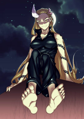 barefoot big_breasts blonde_hair breasts demon_slayer female foot_fetish kamado_nezuko kimetsu_no_yaiba large_breasts medusa_gorgon night possessed possession sitting soles soul_eater toes very_long_hair witch xmonstergirlshideout yellow_eyes