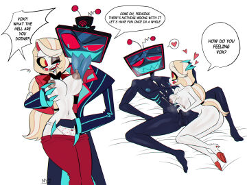 ass balls big_breasts blonde_hair blue_body blush bodily_fluids breast_grab breasts charlie_morningstar charlie_morningstar_(hazbin_hotel) cheating clothed clothing cum dark-skinned_male demon demon_humanoid demon_lord demon_princess demon_royalty duo electronics erection female for_a_head genital_fluids genitals hair half_angel half_demon hand_on_breast handjob hat hazbin_hotel headgear headwear hellaverse hi_res humanoid hybrid_species lesbian_conversion lesbian_with_male male male/female nephalem nipple_fetish nipple_play nipple_suck nude nyochandesuyo object_head open_mouth open_smile orientation_play partially_clothed penile penis princess red_eyes royalty saliva screen screen_face screen_head sex smile standing staticbelle sucking sweat television thick_thighs tiktok tongue tongue_out tv_head vox_(hazbin_hotel) white_body