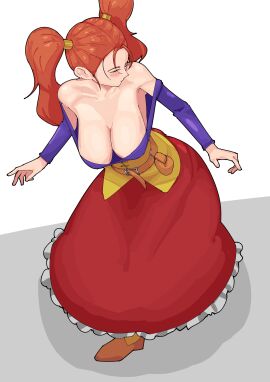 absurdres breasts cleavage downblouse dragon_quest dragon_quest_viii female hanging_breasts highres huge_breasts jessica_albert no_bra pesshio_(to_menero) red_hair simple_background solo twintails
