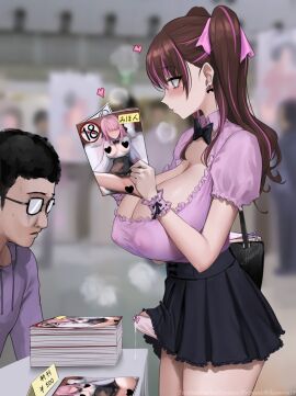 1boy 1futa artist_name bag big_penis black_hair black_skirt blurry blush book breasts brown_hair cleavage clothed clothing covered_nipples dated earrings erection erection_in_panties erection_under_clothes futa_focus futanari glasses handbag holding_book holding_object huge_breasts ikemeru19 intersex jewelry light-skinned_futa light_skin long_hair looking_at_penis male mostly_clothed original patreon_username penis purple_eyes shirt skirt standing tenting twintails two_side_up unaware watermark web_address