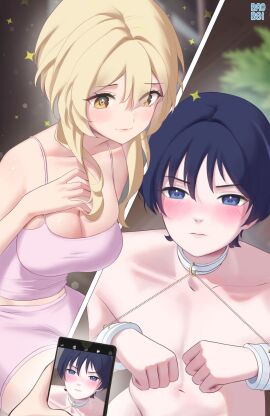 1boy 1girls baobei_beh big_breasts blonde_female blonde_hair blue_hair blush bondage breasts cleavage collar female femboy_on_female femdom genshin_impact handcuffs lumine_(genshin_impact) male phone phone_screen photo recording scaramouche_(genshin_impact) straight tied_up