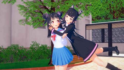 2girls 3d crossover demon-lord_(artist) hug image jin_mahoro koikatsu usami_shiina yuri