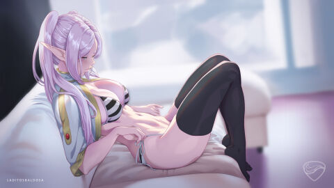 1girls abs bare_arms bare_legs bare_thighs big_breasts bra breasts clothed clothing color elf elf_ears elf_female female female_focus female_only fit fit_female frieren hi_res laditosbaldosa large_breasts light-skinned_female light_skin long_hair muscles muscular muscular_female on_sofa panties pink_hair sitting sofa solo sousou_no_frieren stockings tagme thick_thighs underwear