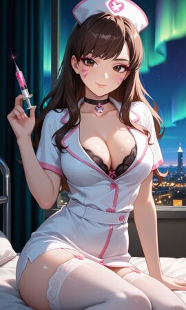 1girls ai_generated aurora beautiful black_choker brown_hair brunette_female choker city city_background city_lights cityscape cute cute_female d.va female female_focus female_only lingerie long_hair looking_at_viewer lying_on_side night night_sky night_time nurse nurse_clothing nurse_uniform overwatch pretty pretty_face pretty_girl self_upload smiling_at_viewer solo solo_focus wavy_hair