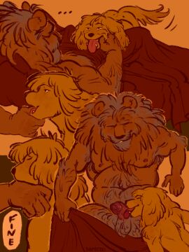 absurd_res anthro barbary_lion bird_dog black_nose blonde_hair body_hair boypretties canid canine canis comic domestic_dog duo erection felid fellatio finger_in_mouth floppy_ears hair hi_res hunting_dog lion male male/male mammal moobs morning_wood oral orange_body overweight pantherine penile penis sex spaniel the_apprentice's_plea tongue tongue_out tongue_out_fellatio yellow_body