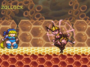 2girls angler_girl animated artist_name bee_girl bee_queen_(zollock) blonde-haired_female blonde_female blonde_hair digestion female female_pred female_prey head_first honeycomb loop oral_vore pherl_(zollock) pixel_animation pixel_art same_size_vore stinger swallowed_whole unwilling unwilling_prey unwilling_vore vore vore_belly zollock