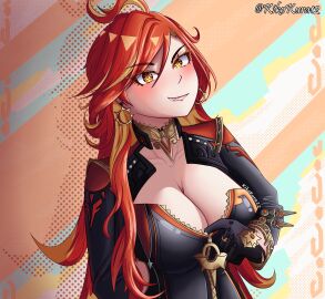 breasts cleavage female female_only genshin_impact kikokura12 mavuika_(genshin_impact) red_hair symbol-shaped_pupils