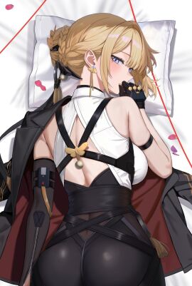 arm_strap ass back black_gloves black_jacket black_pants blonde_hair blush breasts chest_harness commentary_request covering_own_mouth dakimakura_(medium) earrings evelyn_chevalier female gaitoou gloves hair_up harness high-waist_pants highres jacket jewelry large_breasts looking_at_viewer looking_back lying mole mole_under_eye on_stomach pants purple_eyes shirt solo tight_clothes tight_pants upper_body white_shirt zenless_zone_zero