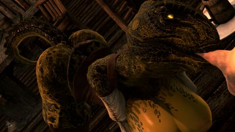 argistartist ass ass_grab big_ass big_breasts blowjob boob_squish boobs_out breasts curvy female glowing_eyes lizard lizard_girl orange_eyes scalie skyrim tail