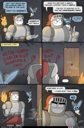 1boy 1girls comic doctorloops drooling fairy female funny glory_hole humor knight male mimic mona_(doctorloops) open_mouth text thick_thighs tongue trap veronica_and_mona wide_hips