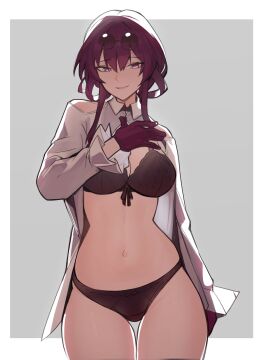 1girls bottomless female glasses glasses_on_head gloves honkai:_star_rail honkai_(series) hoyoverse kafka_(honkai:_star_rail) midriff ninra panties purple_eyes purple_hair shirt smile solo solo_female solo_focus thighs
