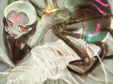 1boy :d arthropod_girl arthropod_limbs black_gloves bmp-to-png_conversion bottomless brown_tunic censored clenched_teeth cocoon colored_skin cum cum_in_pussy cum_on_self elbow_gloves fangs female femdom game_cg gloves glowing glowing_tattoo green_skin grey_skirt hands_on_own_chin long_hair long_sleeves looking_at_viewer luka_(mon-musu_quest!) male mon-musu_quest! monster_girl monster_girl_quest mosaic_censoring non-web_source one_eye_closed open_mouth parted_bangs purple_eyes purple_hair pussy rachnee_(mon-musu_quest!) red_eyes sex short_hair silk skirt slit_pupils smile spider_girl spider_web straight teeth topless un_do white_hair