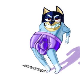 adultpartypunch air_humping bandit_heeler bluey_(series) bulge bulge_focus bulge_through_clothing bulge_under_clothes humiliated humiliating humiliation humiliation_fetish male male_only pelvic_thrust red_eyes satin satin_panties shiny_clothes simple_background smile solo_male underwear