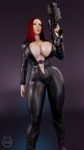 1girls 2025 3d areola areolae big_breasts black_widow_(marvel) bodysuit breasts bursting_breasts female female_focus female_only marvel marvel_comics natasha_romanoff nipples notslowforwork open_bodysuit open_clothes red_hair rifle scarlett_johansson self_upload simple_background skin_tight slow_(artist) standing thick_thighs tight_clothes tight_clothing unzipped unzipped_bodysuit weapon
