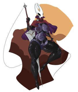 2024 2_horns anthro areola arthropod belly big_breasts big_sword black_eyes breasts cloak clothed clothing digital_media_(artwork) featureless_feet feet female fingers genitals hi_res holding_melee_weapon holding_object holding_sword holding_weapon hollow_knight horn hornet_(hollow_knight) legwear melee_weapon nail_(weapon) nipple_piercing nipples on_one_leg piercing pussy red_cloak red_clothing silk simple_background skimpy solo standing string sword team_cherry the_demon_women thick_thighs thigh_highs weapon white_head white_neck