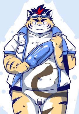 anthro balls belly bottomless clothed clothing eyewear eyewear_on_head felid flaccid fupa fur genitals goggles goggles_on_head hitachi_(tamacolle) jacket male mammal navel orange_body orange_fur overweight pantherine penis small_penis solo striped_body striped_fur stripes takagi_kyou tamacolle tiger topwear