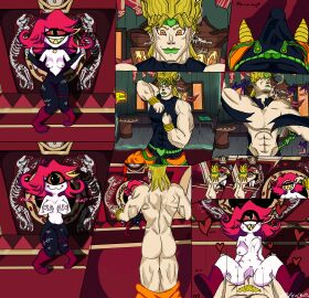 1boy 1girls ass blush breasts clothing crossover dio_brando erection exclamation female hazbin_hotel heart holding jojo's_bizarre_adventure male meme menacing motion mysticchoppa niffty penis point pov pupils ripped ripping sex shrinking smile sound_effects teeth vivienne_medrano