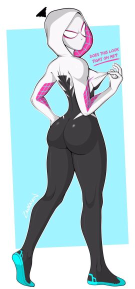 1girls 2d 2d_(artwork) ass big_ass big_butt female ghost-spider gwen_stacy heroine marvel marvel_comics mask pulling_clothing spider-gwen spider-man:_across_the_spider-verse spider-man:_into_the_spider-verse spider-man_(series) superhero_costume superheroine tight_clothing tight_fit zankasen