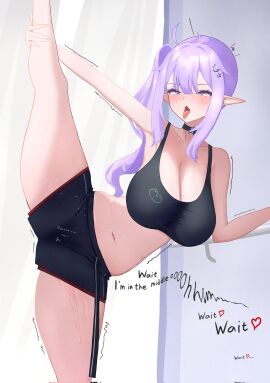 1girls ahe_gao big_breasts breasts cleavage dialogue eepy_sleepy elf elf_ears elf_female english_text female fienly_(fien_56) gym_clothes gym_shorts large_breasts leg_lift leg_up light-skinned_female light_skin masturbation phase_connect phase_invaders_quest pleasure_face pointy_ears purple_hair pussy pussy_juice pussy_juice_stain pussy_juice_trail shorts side_ponytail sports_bra sports_shorts sportswear stretching text tongue tongue_out vibrator virtual_youtuber wet_pussy workout_clothes