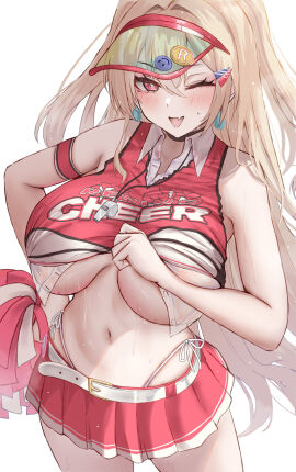 1girls airing_out belt_skirt belted_skirt blush breasts cheerleader clay_(nikke) cooling_off cute_fang exhausted female female_only goddess_of_victory:_nikke huge_breasts one_eye_closed pleated_skirt red_skirt short_skirt skin_fang skirt solo sweat underboob very_sweaty wholesome