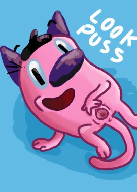 2024 anthro anus beret clothing cranium_(board_game) creative_cat_(cranium) cuntboy digital_media_(artwork) domestic_cat english_text felid feline felis fur genitals hat headgear headwear hi_res intersex kitkiy looking_at_viewer mammal pink_body pink_fur pussy solo spread_pussy spreading text