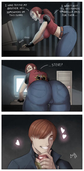 1boy 1girls 2022 ass ass_focus big_ass big_breasts breasts brown_hair bubble_butt busty cameltoe capcom checking_out choker claire_redfield clothing comic computer desktop electronics fat_ass female female_focus hourglass_figure human jeans long_hair looking_at_ass male meme midriff naughty_smile oblivious pale_skin pervert ponytail pussy rape_face resident_evil resident_evil_code_veronica short_hair speech_bubble spoken_heart staring_at_ass steve_burnside tagme tight_pants virus_infected_art wide_hips