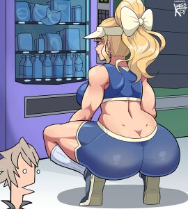 1boy 1girls alternate_hairstyle ass ass_cleavage ass_crack back backboob bare_midriff bare_shoulders big_ass big_breasts big_butt big_thighs blonde_hair blue_crop_top blue_eyes blue_shorts breasts bubble_ass bubble_butt butt_crack charlotte_(fire_emblem) corrin_(fire_emblem) corrin_(fire_emblem)_(male) crop_top curvy female female_focus fire_emblem fire_emblem_fates gym_clothes large_ass large_breasts lips lipstick male midriff misskoi muscular muscular_female nintendo on_toes pink_lipstick platinum_blonde_hair ponytail shoes shorts socks solo_focus sportswear squatting thick thick_ass thick_butt thick_hips thick_thighs thighs vending_machine visor wide_hips
