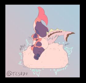 2024 absurd_res ambiguous_feral ambiguous_gender ambiguous_pred ambiguous_prey anal anal_vore ass belly belly_on_ground big_ass big_belly big_butt big_tail black_border black_text bodily_noises border closed_smile digestion digestion_noises digital_drawing_(artwork) digital_media_(artwork) domestic_cat duo english_description face_imprint felid feline felis feral feral_pred fin fish flat_colors frill_(anatomy) full-length_portrait fully_inside green_text hand_imprint head_first hi_res hindpaw huge_belly hybrid hyper hyper_belly imprint looking_at_viewer looking_back looking_back_at_viewer lying magenta_body mammal marine mass_vore membrane_(anatomy) membranous_frill mouth_closed muffled multicolored_body multiple_prey on_front orange_body partially_inside pawpads paws portrait quadruped raised_tail resting_on_belly rumbling_stomach same_size_vore signature simple_background sloshing_belly smile smiling_at_viewer smirk smirking_at_viewer soft_vore sound_effects tail tail_fin tail_frill tan_body tcsrjx text thick_tail unseen_prey vore vowelless vowelless_sound_effect vowelless_vocalization whiskers