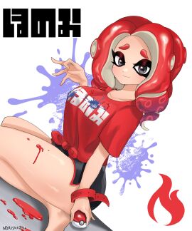 1girls artist_name black_eyes black_shorts blush bracelet breasts curly_hair dolphin_shorts female female_focus ink large_breasts light-skinned_female light_skin looking_at_viewer nintendo norishiitsu octoling octoling_girl pokeball pokemon red_hair red_shirt seiza shirt short_hair shorts solo solo_female solo_focus splatfest splatoon splatoon_(series) splatoon_3 tentacle_hair thick_thighs thighs twitter_link