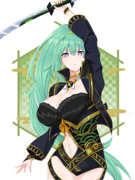 1girls asymmetrical_gloves big_breasts bracelet breasts busty choker cleavage cropped_jacket female female_only green_hair green_heart green_heart_(neptunia) holding_weapon huge_breasts jacket japanese_clothes large_breasts leotard long_hair looking_at_viewer navel necklace neptunia_(series) neptunia_x_senran_kagura_ninja_wars ponytail power_symbol-shaped_pupils purple_eyes raised_arm solo tied_hair vert very_long_hair weapon zatsu