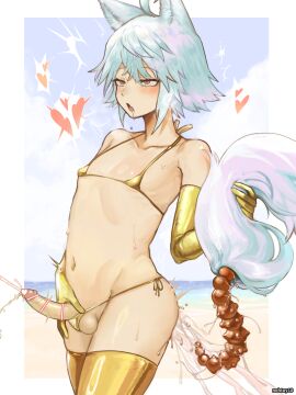 1boy absurdres anal_beads anal_tail animal_ears ass bar_censor bikini blue_hair blush censored cum cum_in_ass ejaculation elbow_gloves erection fake_tail femboy gloves gold_bikini gold_gloves gold_thighhighs highres male male_focus male_only micro_bikini nohtuy nohtuy18 open_mouth original otoko_no_ko penis red_eyes saliva sex_toy short_hair swimsuit tail trap