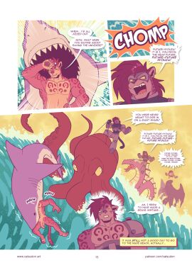 2024 anthro anthro_prey aquatic_dragon balls bite biting_another body_transformation border catsudon chomp closed_eyes comic cthulhu cthulhu_mythos cybernetic_arm cybernetic_limb cybernetic_torso cybernetics dialogue digital_media_(artwork) dragon ear_piercing english_text eyewear eyewear_on_head felid feral feral_predator fish flaccid fur furniture genitals giant_octopus group growth h.p._lovecraft hair hair_growth hi_res humanoid_genitalia humanoid_penis hyouza jaguar jaguar_spots looking_at_another machine male mammal marine markings muscular muscular_anthro muscular_male mythological_creature mythological_scalie mythology narration nude pantherine penis piercing pink_body pink_fur pink_hair radial_speed_lines regret riding scalie shark shocked sound_effects speech_bubble square_crossover sunglasses sunglasses_on_head text time_traveler transformation unusual_anatomy url wave white_border wiping_forehead yellow_sclera