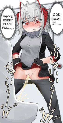 1girls antennae_(anatomy) arknights artist_request bar_censor blush censored censored_pussy female_using_urinal grey_hair no_panties pants_pull peeing pussy red_eyes silver_hair solo stained_clothes stained_pants sweater_lift translated urinal w_(arknights)