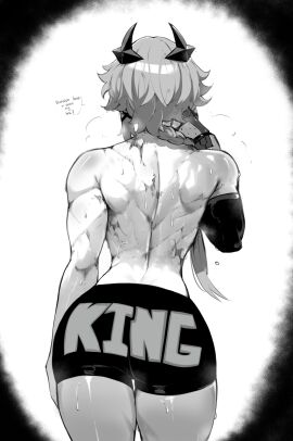 1girls 2024 ass athletic athletic_female back back_view bare_arms bare_back bare_shoulders caesar_king caesar_king_(zenless_zone_zero) facing_away female female_focus female_only grey_hair large_ass masoq095 monochrome prosthetic_arm shorts slim_waist sweat tomboy toned toned_female topless zenless_zone_zero