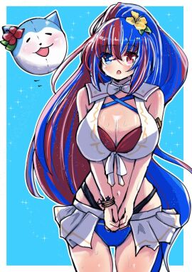 1girls alear_(female)_(seaside_dragon)_(fire_emblem) alear_(fire_emblem) alear_(fire_emblem)_(female) alternate_costume bikini blue_bikini blue_eyes blue_hair blue_swimsuit bow bowtie breasts cleavage criss-cross_halter crossed_bangs female female_only fire_emblem fire_emblem_engage fire_emblem_heroes flower front-tie_bikini_top front-tie_top gold_armlet hair_flower hair_ornament halterneck heterochromia large_breasts long_hair me_no_oeo multicolored_clothes multicolored_hair multicolored_swimsuit nintendo official_alternate_costume official_alternate_hairstyle ponytail red_bikini red_eyes red_flower red_hair red_swimsuit showgirl_skirt solo sommie_(fire_emblem) split-color_hair swimsuit two-tone_hair very_long_hair white_bikini white_bow white_bowtie white_swimsuit yellow_flower