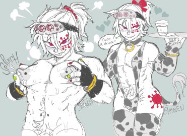 albino animal_print bodily_fluids bulge clothed clothing cow_print demon_slayer glass_of_milk hi_res humanoid kimetsu_no_yaiba lactating male male_lactation milk shonencore skimpy smile solo tail tail_tuft tailed_humanoid teeth tuft uzui_tengen