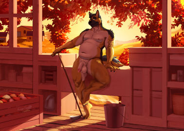 2024 anthro arm_tuft balls bucket building canid canine canis container domestic_dog eyewear eyewear_only farm flaccid food fruit gardening gardening_tools genitals gigasaddle glasses glasses_only grin hi_res house humanoid_genitalia humanoid_penis leaning looking_at_viewer male mammal masculine_male navel nipples nude on_one_leg outside penis plant pubes raised_leg shoulder_tuft slightly_chubby smile solo standing tree tuft wearing_glasses