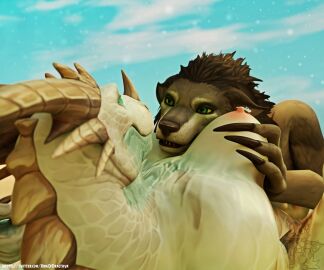 3d blizzard_entertainment breasts dracthyr female kingofdracthyr playing_with_breasts tagme warcraft worgen worgen_female world_of_warcraft yuri