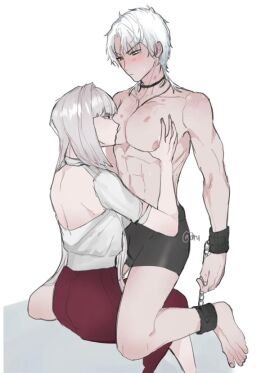 1boy 1girls abs acting_tough arufido athletic athletic_male big_chest bishonen biting biting_nipple blush blushing_profusely bondage bondage_gear bound bound_wrists breasts broad_shoulders bruises bulge chained_up chained_wrists couple couple_focus dominant_female embarrassed_male female female_dominating_male female_domination femdom fit fit_male furrowed_brow gentle_femdom groping_chest handsome_man hickey hickey_marks hickeys lean_body lean_figure lean_muscle male male_focus muscles muscular muscular_chest muscular_male narrowed_eyes pretty_boy secretly_loves_it six_pack slim_waist slutty_waist squeezing_chest sucking sucking_nipples sweatdrop toned toned_body toned_male tsundere vulnerable white_hair