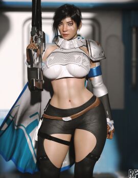 3d ana_bray athletic athletic_female black_hair blue_eyes brown_belt bungie cape curvy_female destiny_(game) destiny_2 female fit fit_female freckles_on_face guardian_(destiny) gun highres holding_gun holster hunter_(destiny) rude_frog thigh_strap white_markings