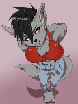 athletic athletic_female blue_jeans female female_only furry furry_female grey_fur red_clothing red_eyes tail yonooshi