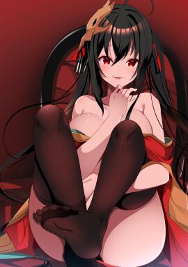 1girls absurdres ahoge ass ass_visible_through_thighs azur_lane bare_shoulders black_hair black_thighhighs breasts female hair_between_eyes hand_up highres japanese_clothes kimono large_breasts light-skinned_female light_blush light_skin mask mask_on_head origami_aya parted_lips red_eyes red_kimono sakura_empire_(azur_lane) smile solo taihou_(azur_lane) thighhighs twintails