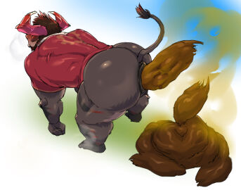 1boy anus ass big_ass blush bovid bovine bull horns lifewonders live_a_hero male male_only mojamoja obsidius scat simple_background solo tail textless