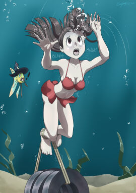 ! 2girls air_bubbles akko_kagari alternate_species ankles_tied asphyxiation barefoot bikini bondage breasts bubbles cleavage drowning evan_harrey feet female female_only fish human little_witch_academia marine medium_breasts navel ocean panicking peril red_bikini red_swimsuit sea sucy_manbavaran swimsuit tied_legs underwater water what witch witch_hat