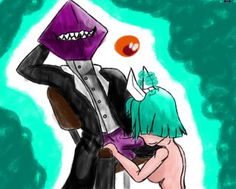 assgobler_(ultradrones) big_penis breasts female green_hair haidion_(ultradrones) male penis pink_skin small_breasts