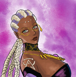 1girls big_breasts big_lips bodypaint braid braided_hair braided_ponytail breasts busty cleavage dark-skinned_female dark_skin dolores_(kof) female glasses gold_(metal) gold_jewelry green_eyes helsic king_of_fighters long_hair looking_at_viewer necklace purple_hair round_glasses thick_lips tied_hair two-tone_hair voluptuous voluptuous_female white_hair