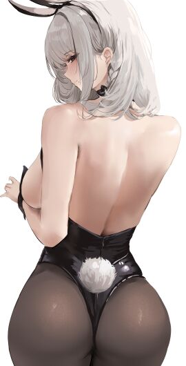 1girls absurdres animal_ears azur_lane backboob backless_leotard big_breasts black_hairband black_leotard black_pantyhose blush blushing_at_viewer braid breasts bunnysuit closed_eyes covered_nipples eyebrows_visible_through_hair fake_animal_ears fake_tail female from_behind hair_ornament hairband hairpin highres huge_breasts large_breasts leotard liaowen light-skinned_female light_skin long_hair looking_at_viewer looking_back mole mole_under_mouth official_alternate_costume pantyhose playboy_bunny purple_hair rabbit_ears rabbit_tail san_jacinto_(azur_lane) san_jacinto_(flavor_of_the_day_)_(azur_lane) simple_background smile smiling smiling_at_viewer solo strapless strapless_leotard tail white_background white_hair